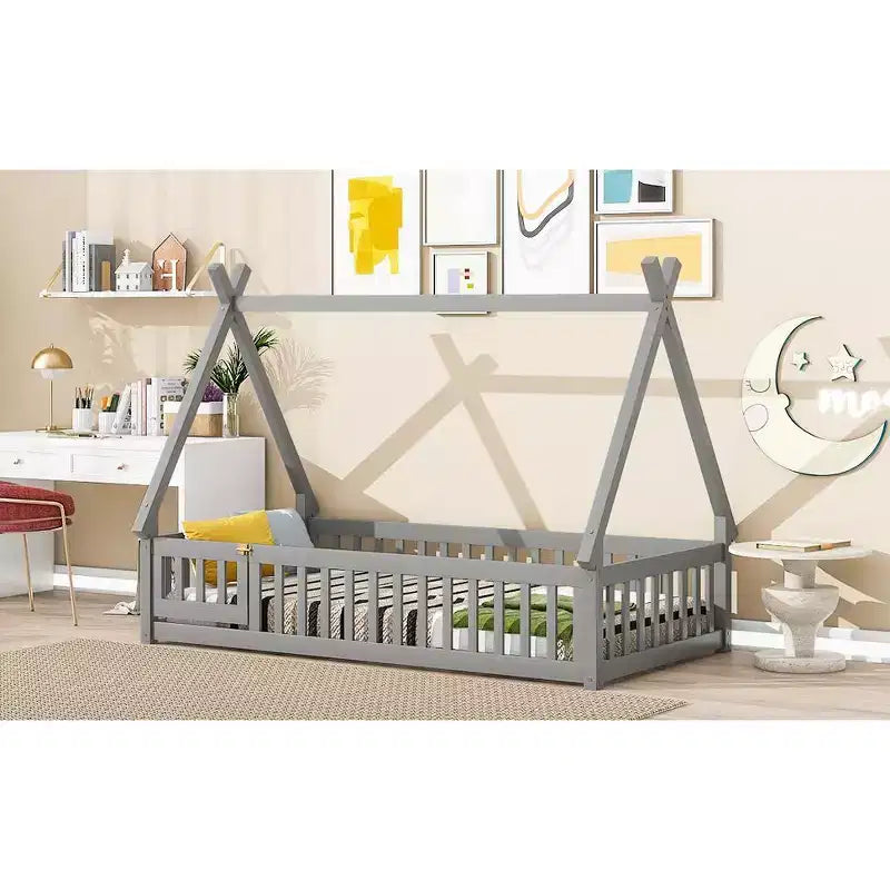 MAYEERTY Twin Tent-shaped Floor Bed with Safety Guardrails Gray