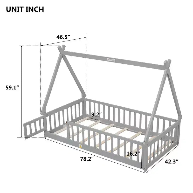 Twin Tent-shaped Floor Bed with Safety Guardrails Gray