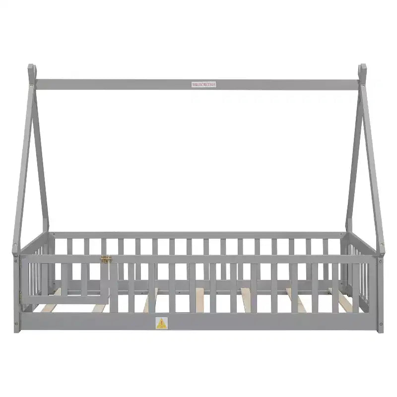 Twin Tent-shaped Floor Bed with Safety Guardrails Gray