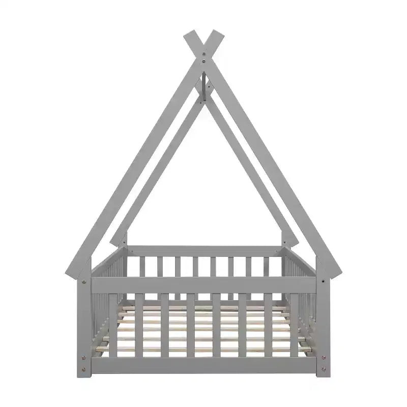 Twin Tent-shaped Floor Bed with Safety Guardrails Gray