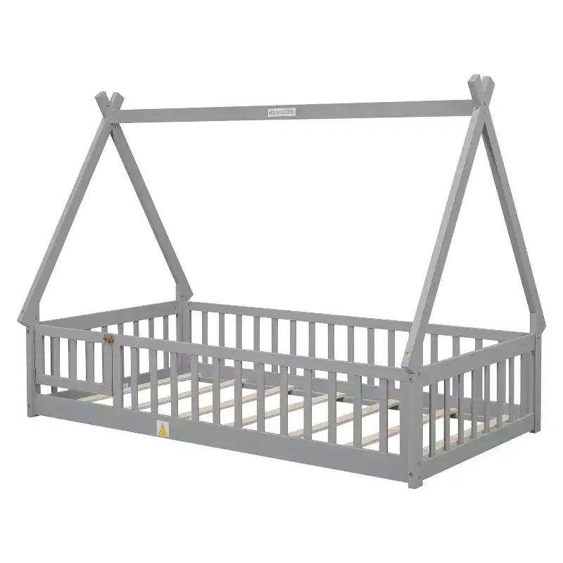 Twin Tent-shaped Floor Bed with Safety Guardrails Gray