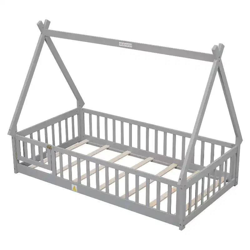 Twin Tent-shaped Floor Bed with Safety Guardrails Gray