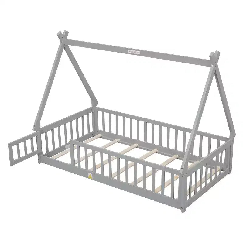 Twin Tent-shaped Floor Bed with Safety Guardrails Gray