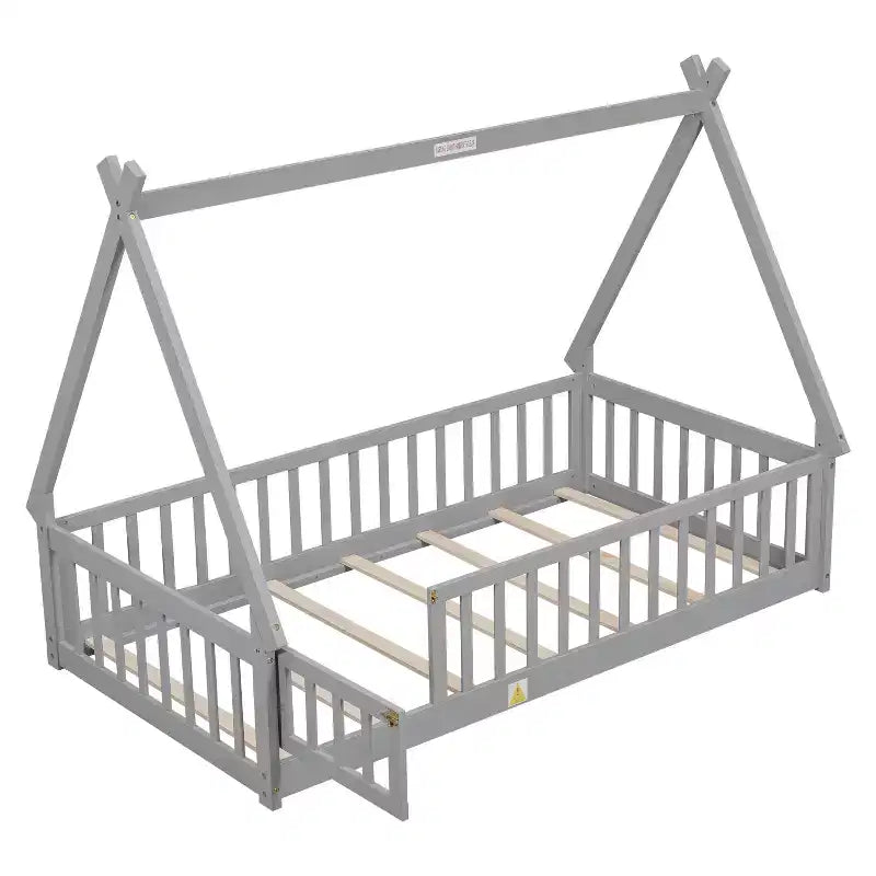 Twin Tent-shaped Floor Bed with Safety Guardrails Gray
