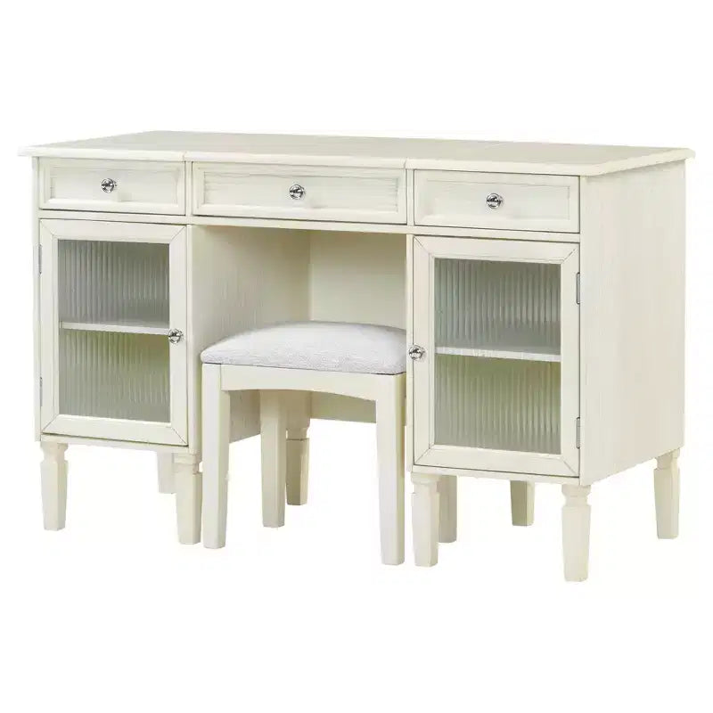Coiffeuse avec miroir rabattable, tabouret, tiroir et placard, table de maquillage blanche, table de toilette, bureau d'ordinateur multifonctionnel