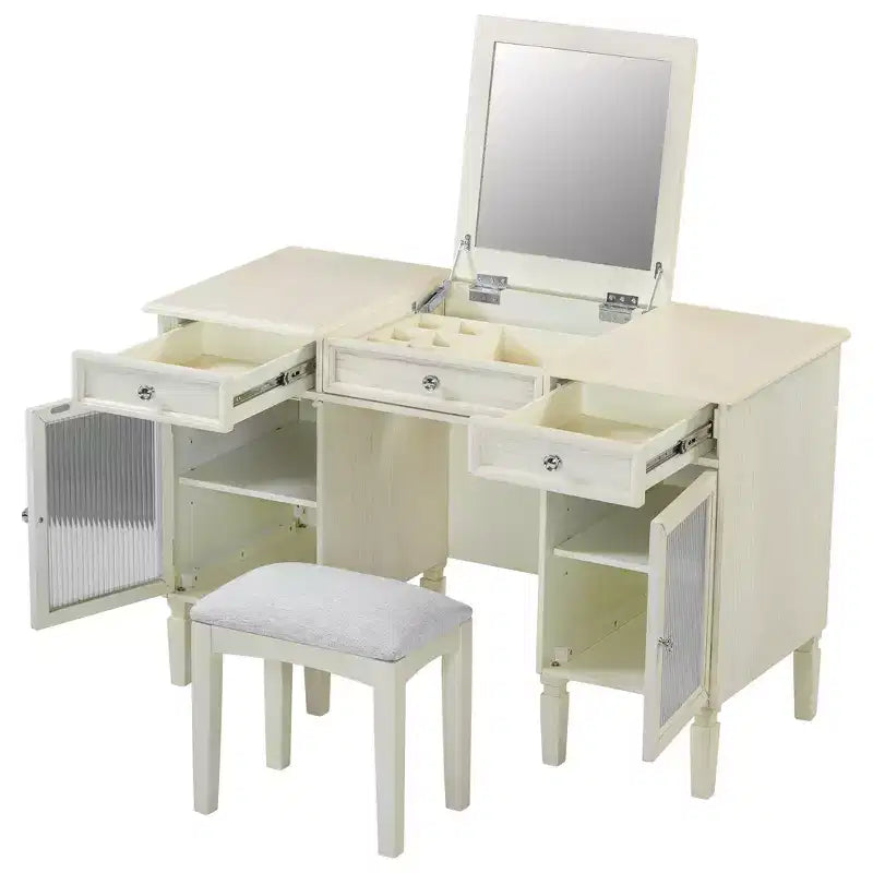 Coiffeuse avec miroir rabattable, tabouret, tiroir et placard, table de maquillage blanche, table de toilette, bureau d'ordinateur multifonctionnel