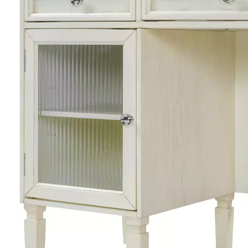 Coiffeuse avec miroir rabattable, tabouret, tiroir et placard, table de maquillage blanche, table de toilette, bureau d'ordinateur multifonctionnel