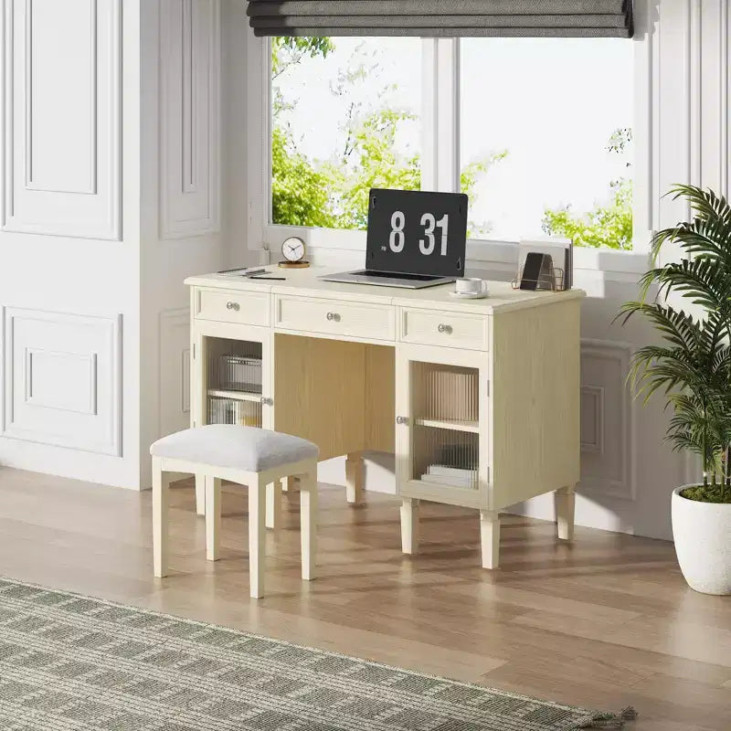 Makeup Vanity Desk with Flip-Top Mirror, Stool, Drawer & Cabinet, White Vanity Table Dressing Table Multi-Functional Computer Writing Desk
