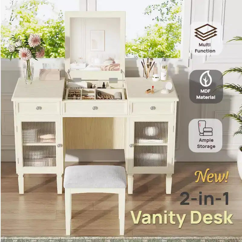 Makeup Vanity Desk with Flip-Top Mirror, Stool, Drawer & Cabinet, White Vanity Table Dressing Table Multi-Functional Computer Writing Desk