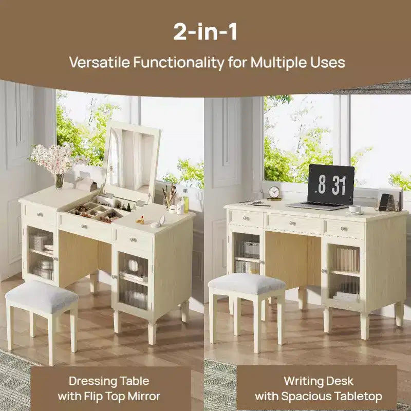 Makeup Vanity Desk with Flip-Top Mirror, Stool, Drawer & Cabinet, White Vanity Table Dressing Table Multi-Functional Computer Writing Desk