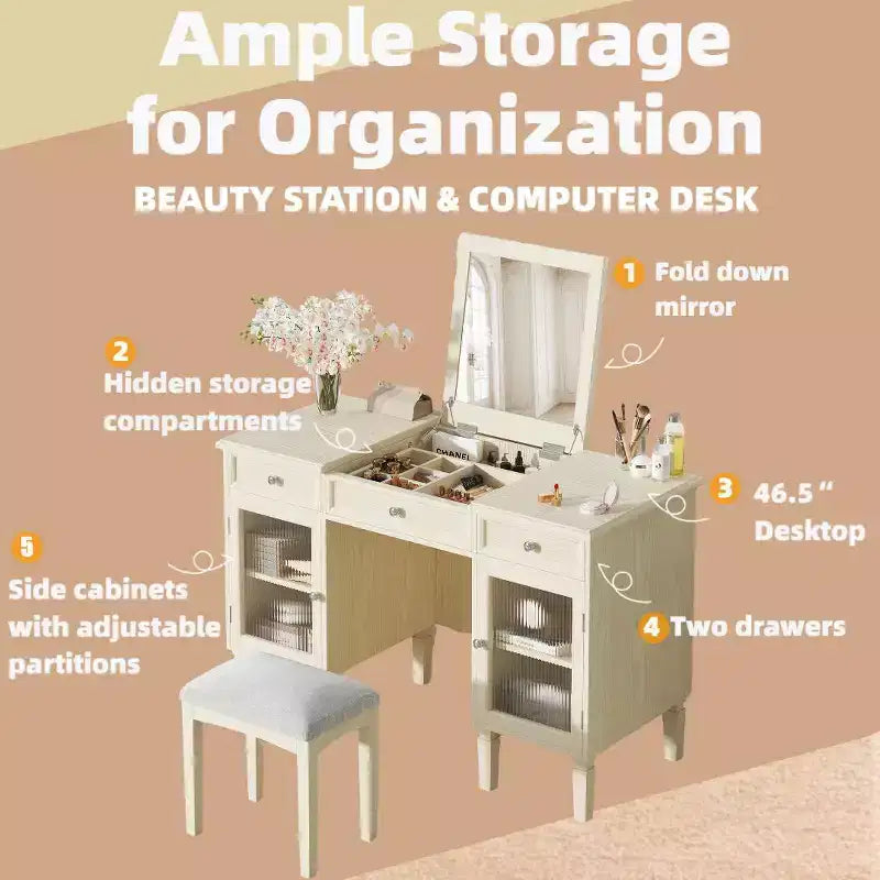 Makeup Vanity Desk with Flip-Top Mirror, Stool, Drawer & Cabinet, White Vanity Table Dressing Table Multi-Functional Computer Writing Desk