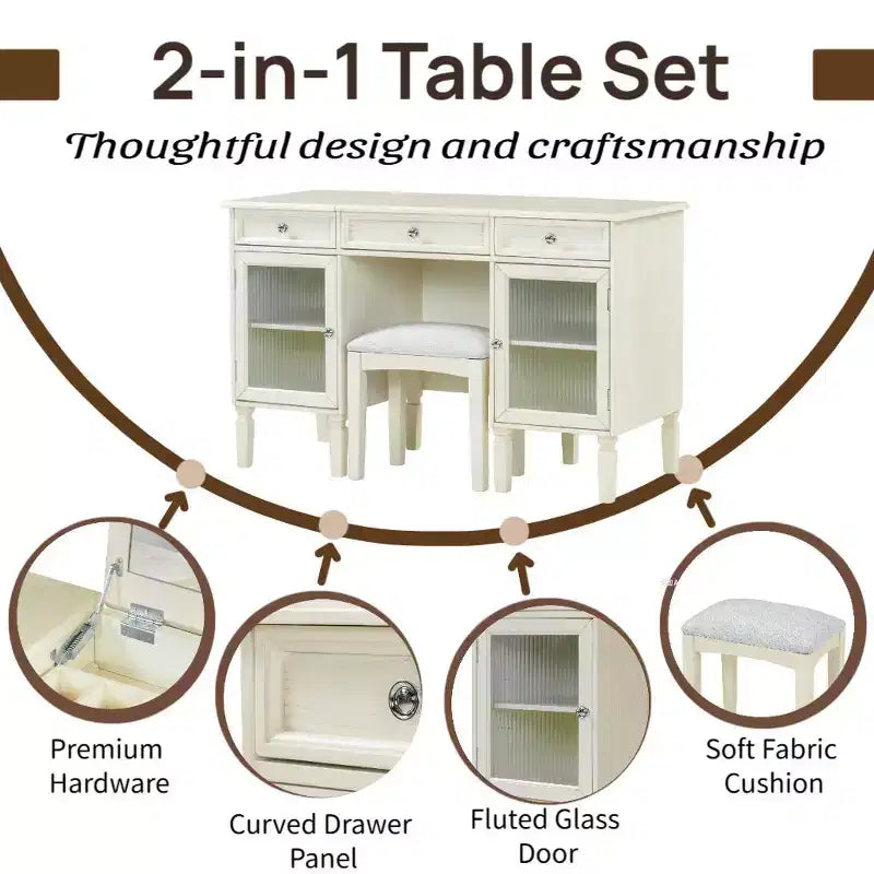 Coiffeuse avec miroir rabattable, tabouret, tiroir et placard, table de maquillage blanche, table de toilette, bureau d'ordinateur multifonctionnel