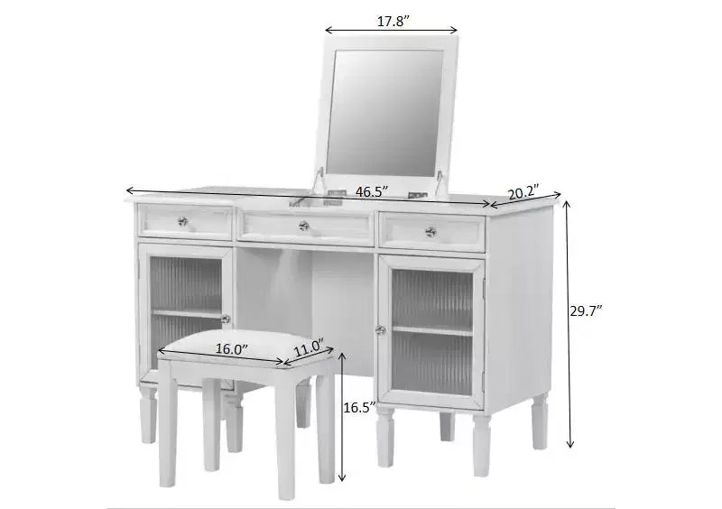 Coiffeuse avec miroir rabattable, tabouret, tiroir et placard, table de maquillage blanche, table de toilette, bureau d'ordinateur multifonctionnel