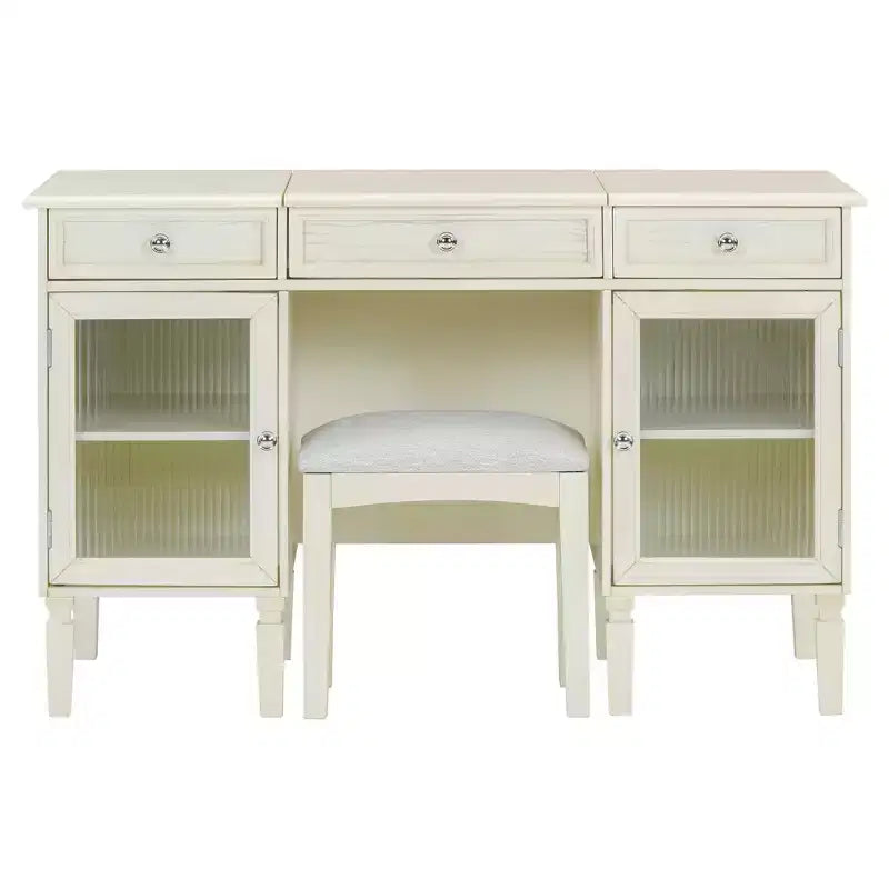 Coiffeuse avec miroir rabattable, tabouret, tiroir et placard, table de maquillage blanche, table de toilette, bureau d'ordinateur multifonctionnel