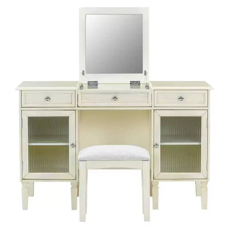Coiffeuse avec miroir rabattable, tabouret, tiroir et placard, table de maquillage blanche, table de toilette, bureau d'ordinateur multifonctionnel