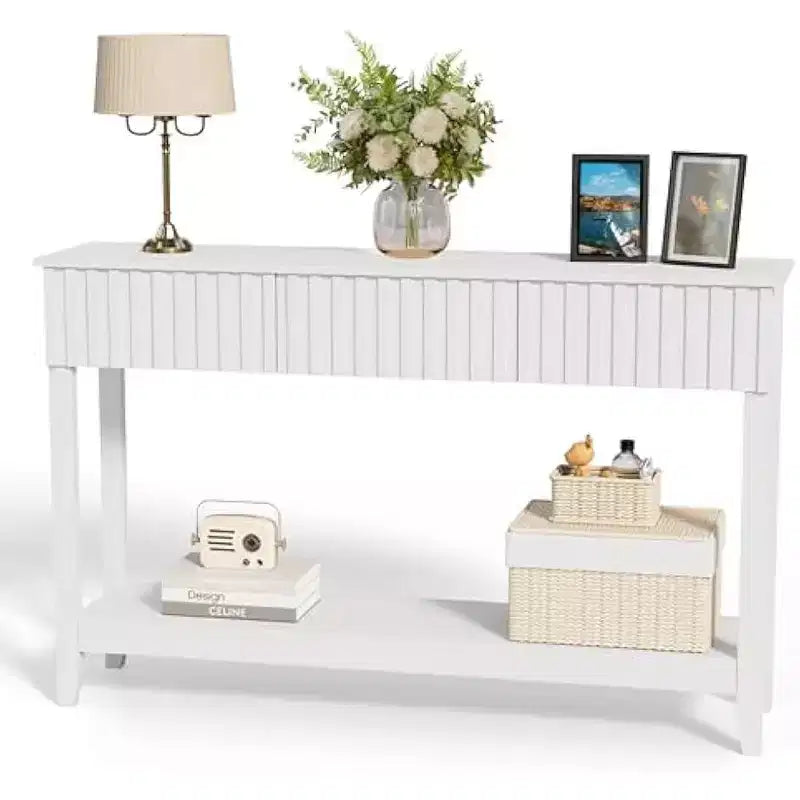 VINGLI Wavy Entryway Table with Drawers, 51 Console Table with Storage Shelf, Narrow Sofa Table, Entry Table for Living Room, Hallway, White