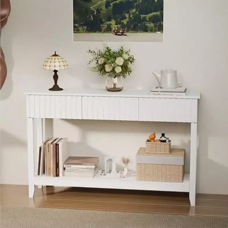 Wavy Entryway Table with Drawers, 51 Console Table with Storage Shelf, Narrow Sofa Table, Entry Table for Living Room, Hallway, White