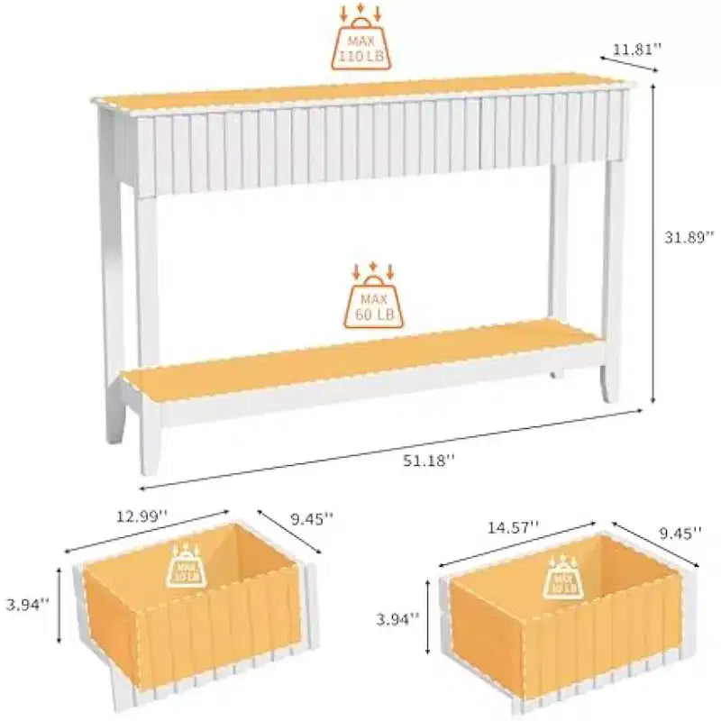 Wavy Entryway Table with Drawers, 51 Console Table with Storage Shelf, Narrow Sofa Table, Entry Table for Living Room, Hallway, White