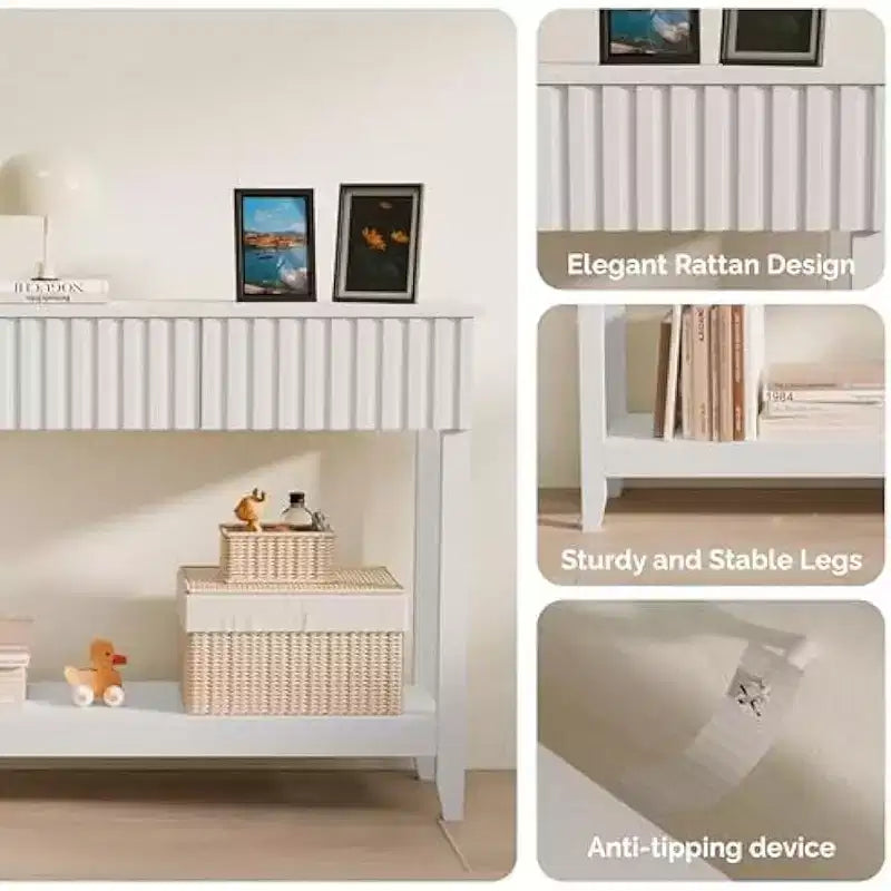 Wavy Entryway Table with Drawers, 51 Console Table with Storage Shelf, Narrow Sofa Table, Entry Table for Living Room, Hallway, White