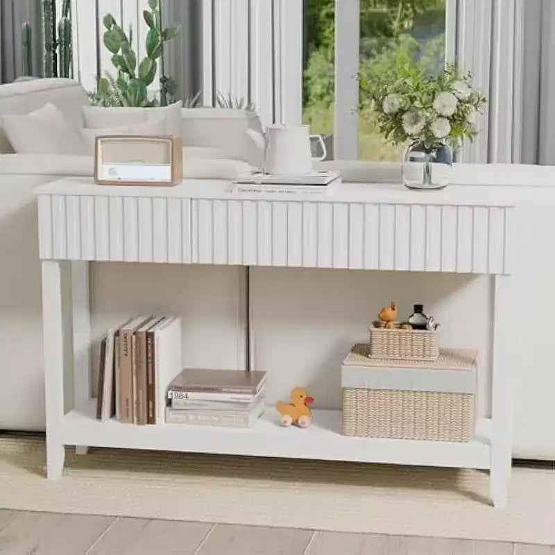 Table d'entrée ondulée avec tiroirs, Console de 130 cm avec étagère de rangement, Table de canapé étroite, Table d'entrée pour salon, couloir, Blanc
