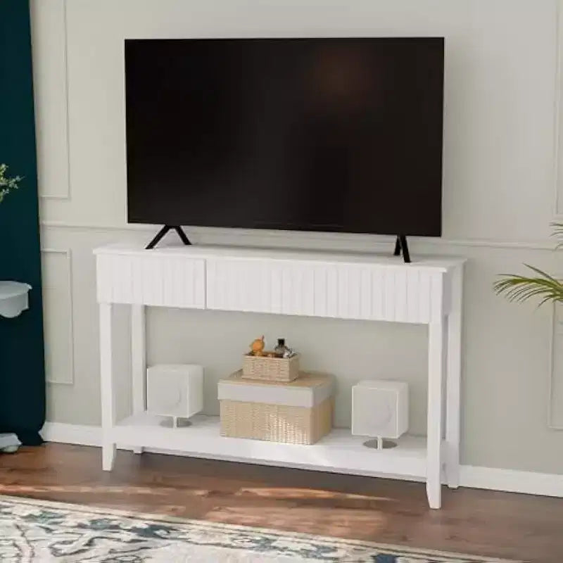 Table d'entrée ondulée avec tiroirs, Console de 130 cm avec étagère de rangement, Table de canapé étroite, Table d'entrée pour salon, couloir, Blanc