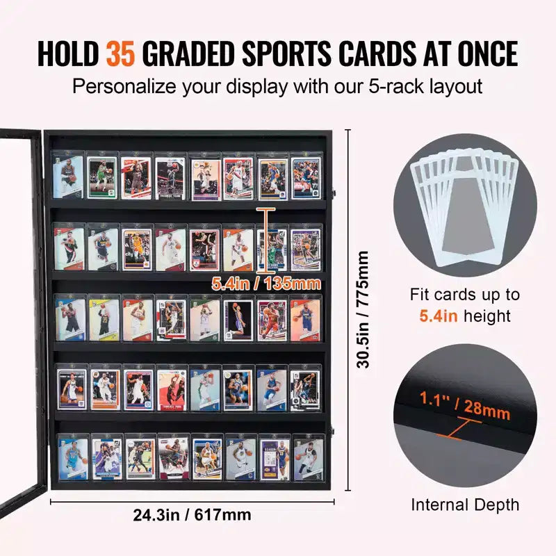 35 Graded Sports Card Display Case, 24.3x30.5x2.1 in, Baseball Card Display Frame with 98% UV Protection Clear View PC Glass, Black
