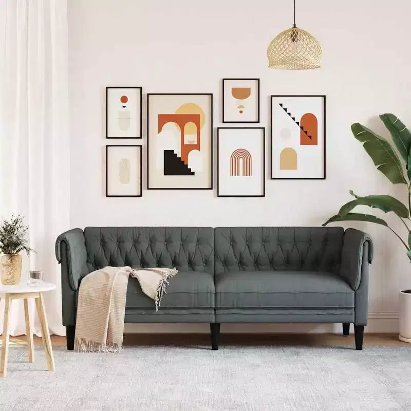 Chesterfield Sofa 3-Seater - Dark Gray Fabric Couch/Settee with Sturdy Wood Frame for Living Room/Lounge/Office