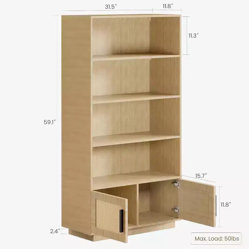 5-Tier Boho Bookshelf with Rattan Doors, Tall Wooden Bookcase with Storage, Book Stand for Living Room, Bedroom, Office, Kitchen