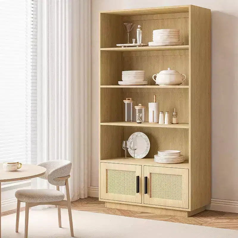 5-Tier Boho Bookshelf with Rattan Doors, Tall Wooden Bookcase with Storage, Book Stand for Living Room, Bedroom, Office, Kitchen