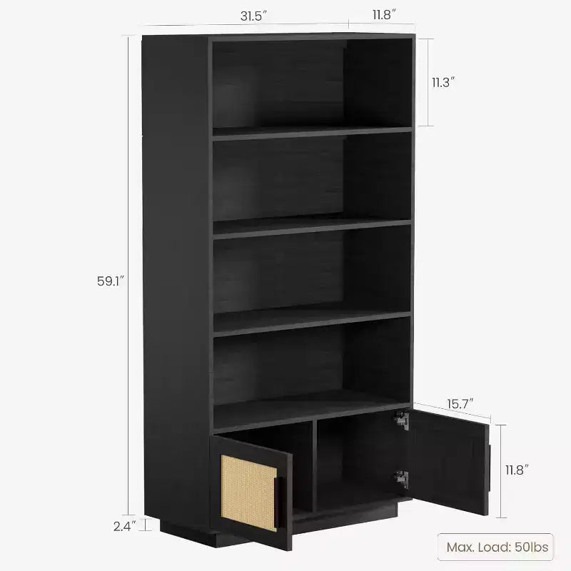 5-Tier Boho Bookshelf with Rattan Doors, Tall Wooden Bookcase with Storage, Book Stand for Living Room, Bedroom, Office, Kitchen