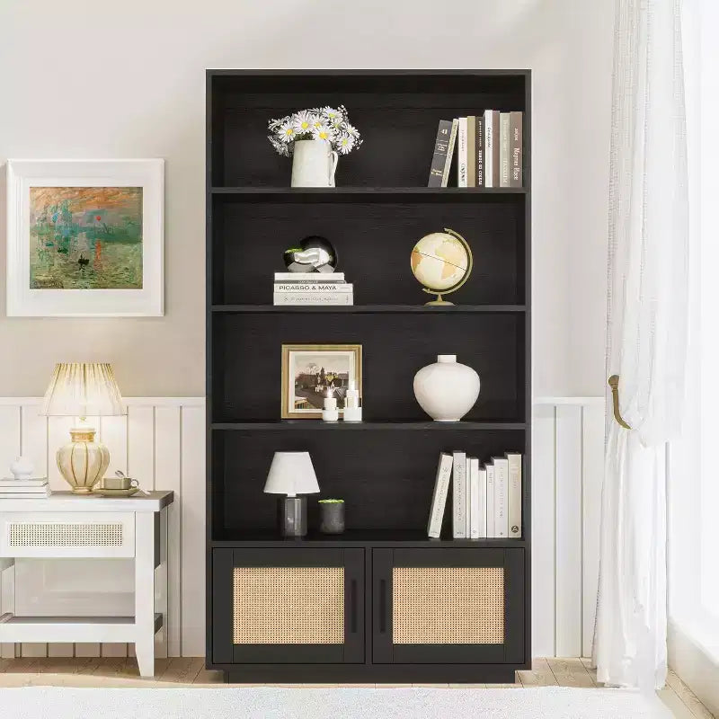 5-Tier Boho Bookshelf with Rattan Doors, Tall Wooden Bookcase with Storage, Book Stand for Living Room, Bedroom, Office, Kitchen