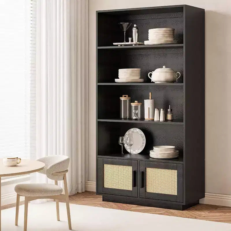 5-Tier Boho Bookshelf with Rattan Doors, Tall Wooden Bookcase with Storage, Book Stand for Living Room, Bedroom, Office, Kitchen