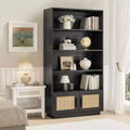 Acekool 5-Tier Boho Bookshelf with Rattan Doors, Tall Wooden Bookcase with Storage, Book Stand for Living Room, Bedroom, Office, Kitchen