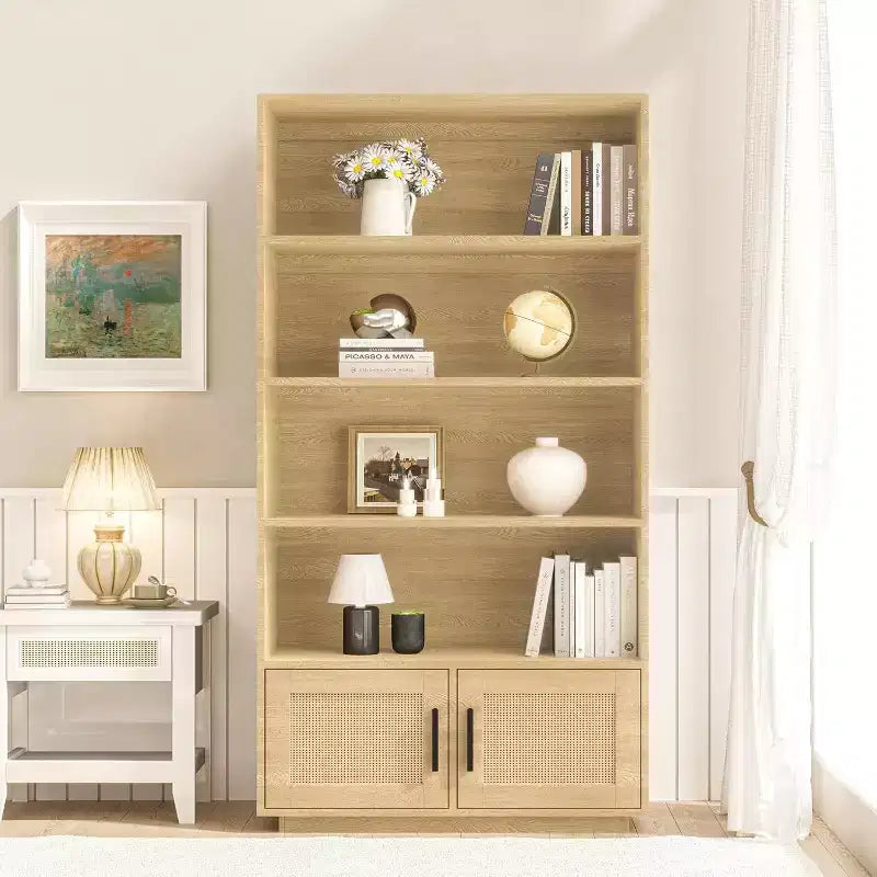 5-Tier Boho Bookshelf with Rattan Doors, Tall Wooden Bookcase with Storage, Book Stand for Living Room, Bedroom, Office, Kitchen