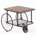 Vintiquewise Industrial Wagon Style Coffee Table with Rustic Wood Top Large Spoke Rolling Wheels Mesh Shelf Functional End Table and Magazine Holder