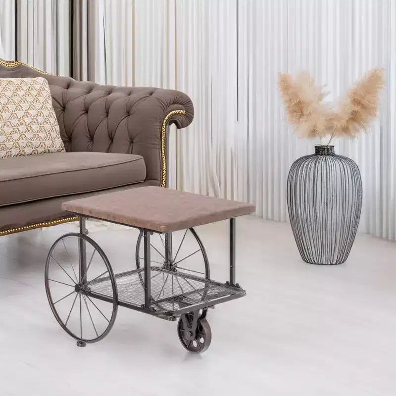 Industrial Wagon Style Coffee Table with Rustic Wood Top Large Spoke Rolling Wheels Mesh Shelf Functional End Table and Magazine Holder