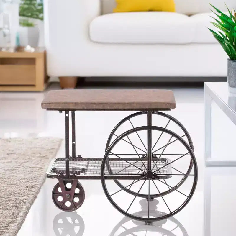 Industrial Wagon Style Coffee Table with Rustic Wood Top Large Spoke Rolling Wheels Mesh Shelf Functional End Table and Magazine Holder