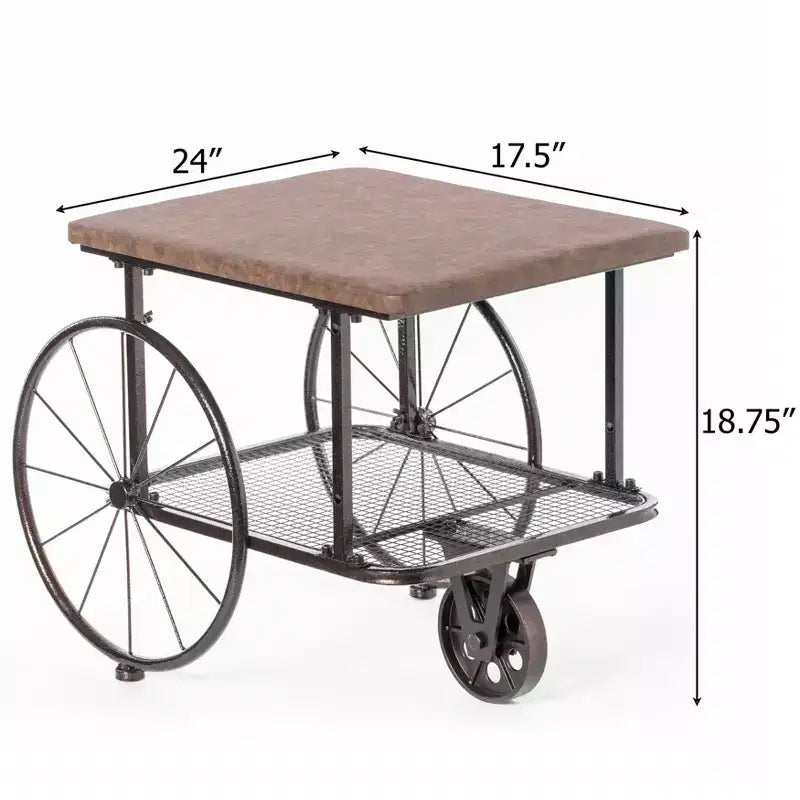 Industrial Wagon Style Coffee Table with Rustic Wood Top Large Spoke Rolling Wheels Mesh Shelf Functional End Table and Magazine Holder