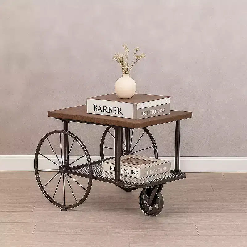 Industrial Wagon Style Coffee Table with Rustic Wood Top Large Spoke Rolling Wheels Mesh Shelf Functional End Table and Magazine Holder