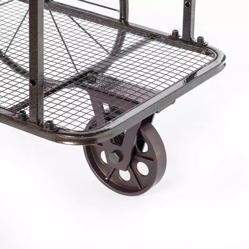 Industrial Wagon Style Coffee Table with Rustic Wood Top Large Spoke Rolling Wheels Mesh Shelf Functional End Table and Magazine Holder