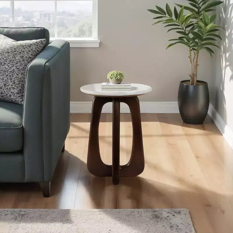 Modern Wood Marble Iron Accent Table with Sculptural Openwork Base and Contemporary Geometric Frame Design for Elevated Style in Interior Spaces