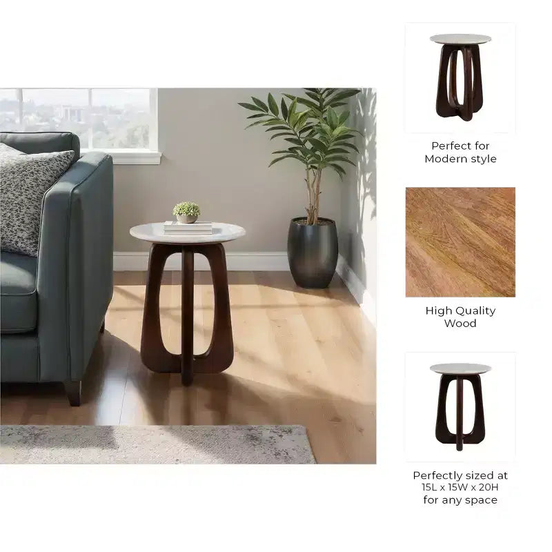 Modern Wood Marble Iron Accent Table with Sculptural Openwork Base and Contemporary Geometric Frame Design for Elevated Style in Interior Spaces