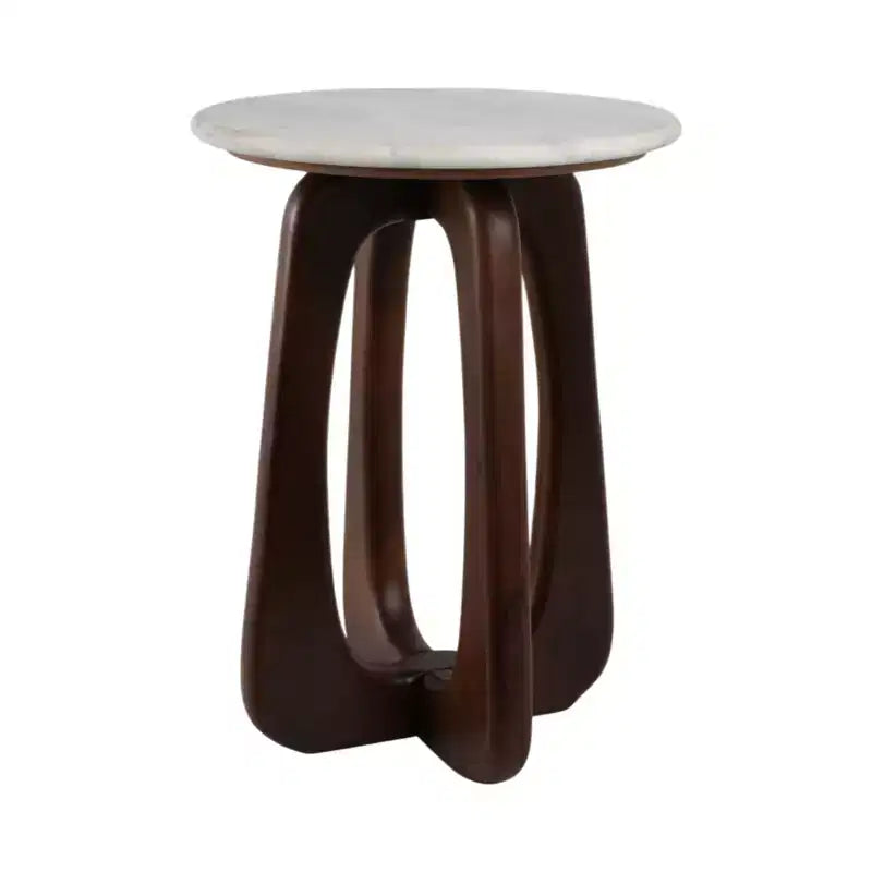 Modern Wood Marble Iron Accent Table with Sculptural Openwork Base and Contemporary Geometric Frame Design for Elevated Style in Interior Spaces