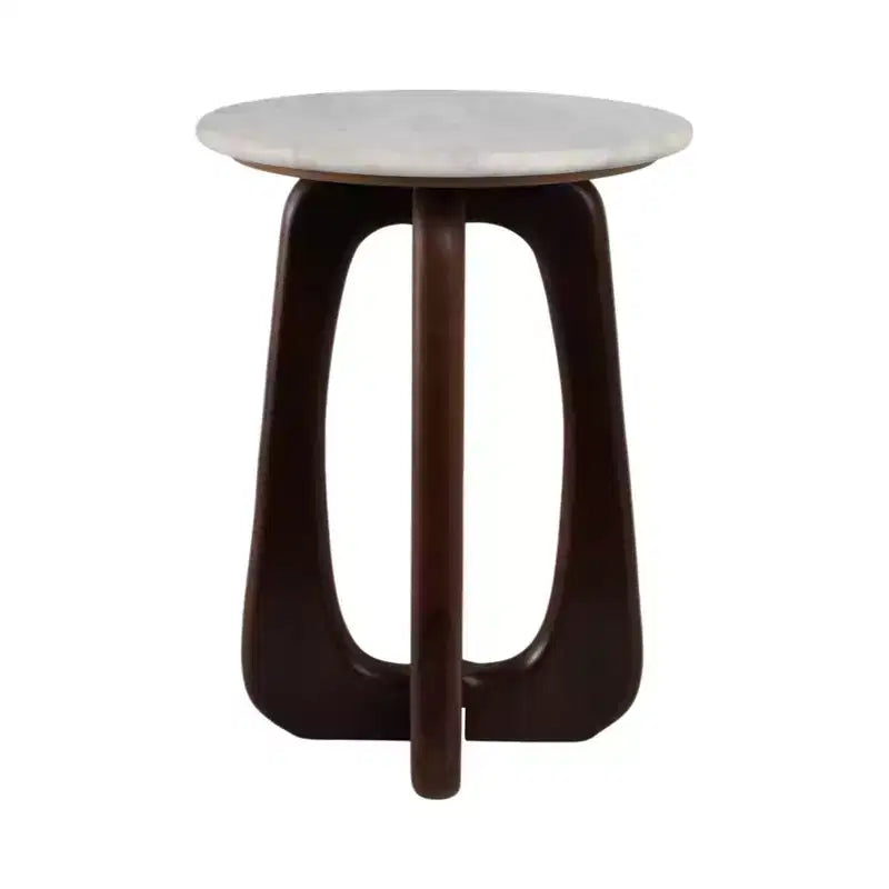 Modern Wood Marble Iron Accent Table with Sculptural Openwork Base and Contemporary Geometric Frame Design for Elevated Style in Interior Spaces