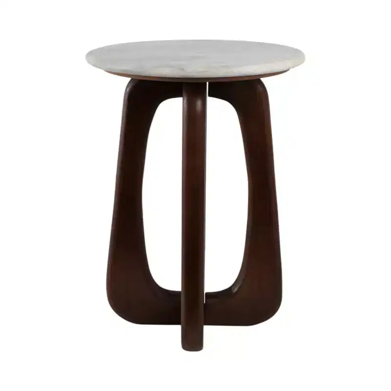 Modern Wood Marble Iron Accent Table with Sculptural Openwork Base and Contemporary Geometric Frame Design for Elevated Style in Interior Spaces