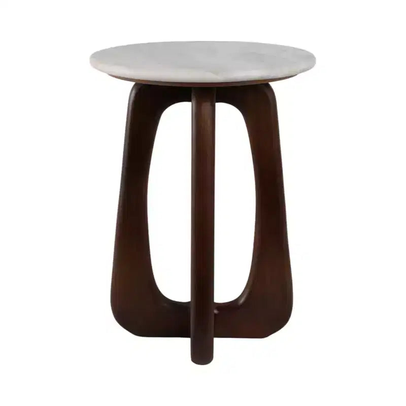 Modern Wood Marble Iron Accent Table with Sculptural Openwork Base and Contemporary Geometric Frame Design for Elevated Style in Interior Spaces