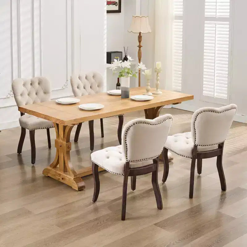 Set of 2 French Vintage Tufted Upholstered Fabric Dining Chairs