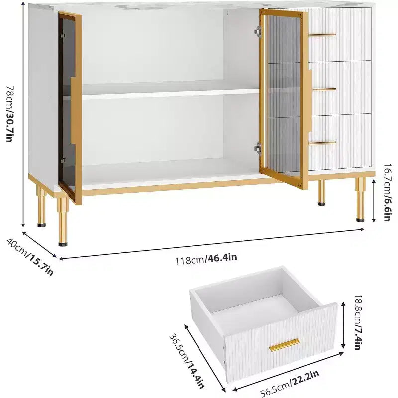 46.4 Fluted Sideboard Buffet Cabinet with Faux Marble Top, Large Storage for Kitchen, Featuring 2 Glass Doors, 3 Drawers, Adjustable Shelves