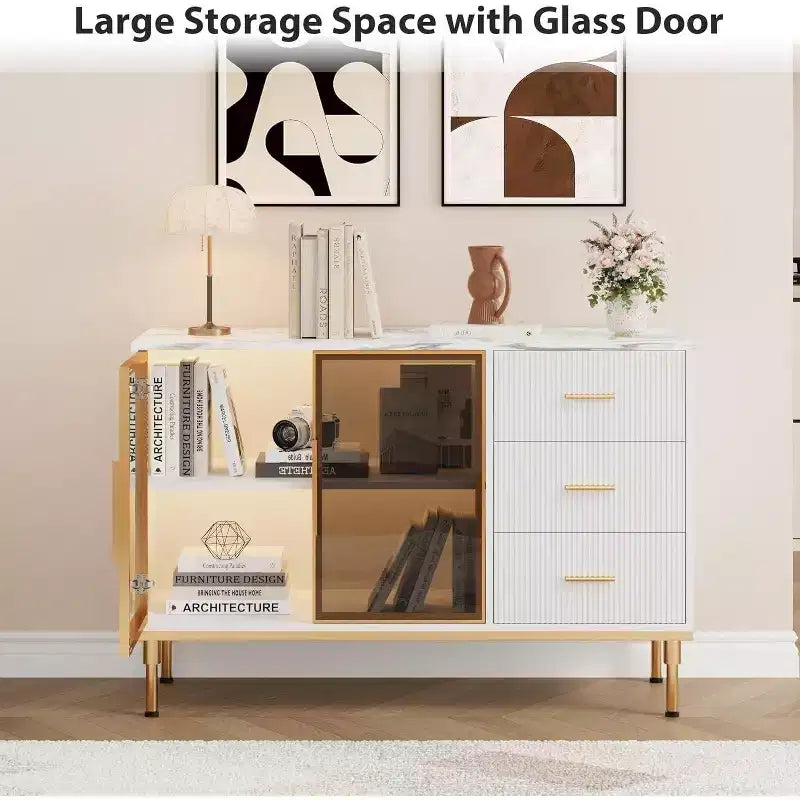 46.4 Fluted Sideboard Buffet Cabinet with Faux Marble Top, Large Storage for Kitchen, Featuring 2 Glass Doors, 3 Drawers, Adjustable Shelves