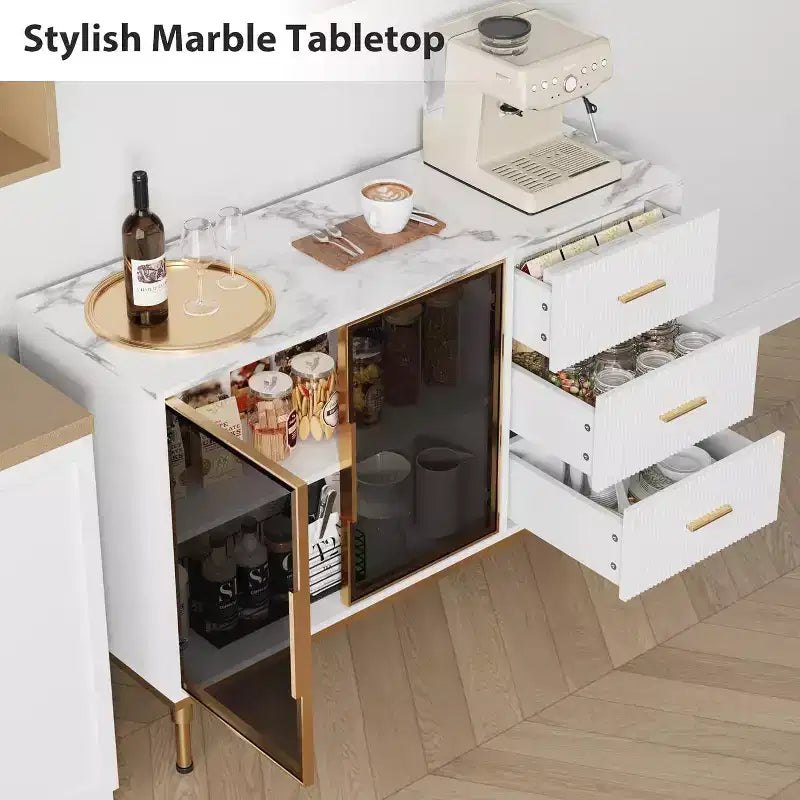 46.4 Fluted Sideboard Buffet Cabinet with Faux Marble Top, Large Storage for Kitchen, Featuring 2 Glass Doors, 3 Drawers, Adjustable Shelves